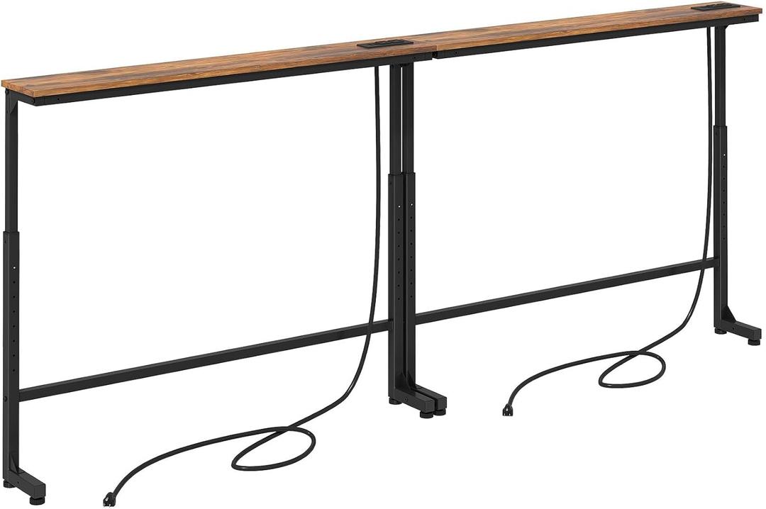 Kitstorack 2-Pack Narrow Console Table with Adjustable Height (25"-33") & Power Outlets, Rustic Brown Sofa Table for Behind Couch or Wall, 79" Long with 6.5ft Cord (5.99"Deep)