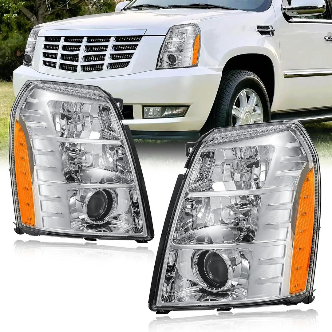 HID Projector Headlight Assembly for 2007-2014 Cadillac Escalade/2007-2014 Escalade ESV/2007-2013 Escalade EXT Left Right Side Headlamp Chrome Housing Amber Reflector