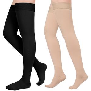 Compression Stockings for Women & Men, 2 Pairs 15-20mmHg Thigh High Compression Socks for Varicose Veins, Swelling, Pregnant (Medium, Closed Toe/Black*Beige/2 Pair)