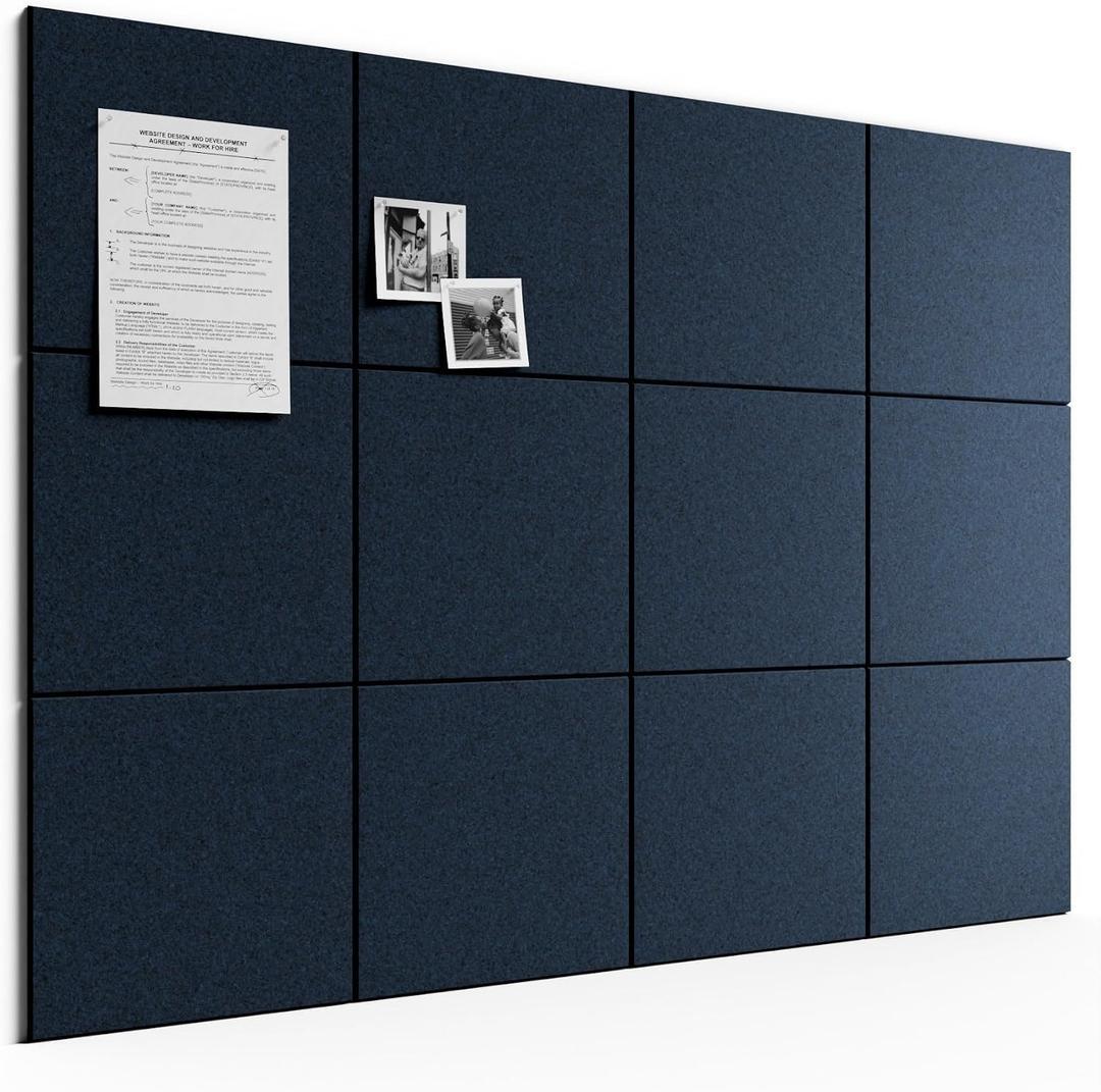 Bumusty 48" x 36" Large Cork Board Alternative, Carbon Blue | 12-Pack Felt Bulletin Board Tiles, 60 Adhesive Tabs, 30 Pushpins, Home, Office, Classroom, Vision Board, Solid Tile 12-Pack