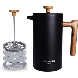 POLIVIAR French Press Coffee Maker, 34 Ounce Coffee Press with Real Wood Handle, Double Wall Insulation & Dual- Filter Screen, Food Grade Stainless Steel for Good Coffee and Tea (Vintage) (34 oz, Black)