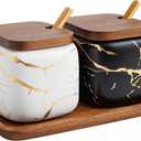 2 Sets of Marble Ceramic Sugar Bowl Ceramic Seasoning Jars with Wooden Lid and Wooden Spoon(Black and White)