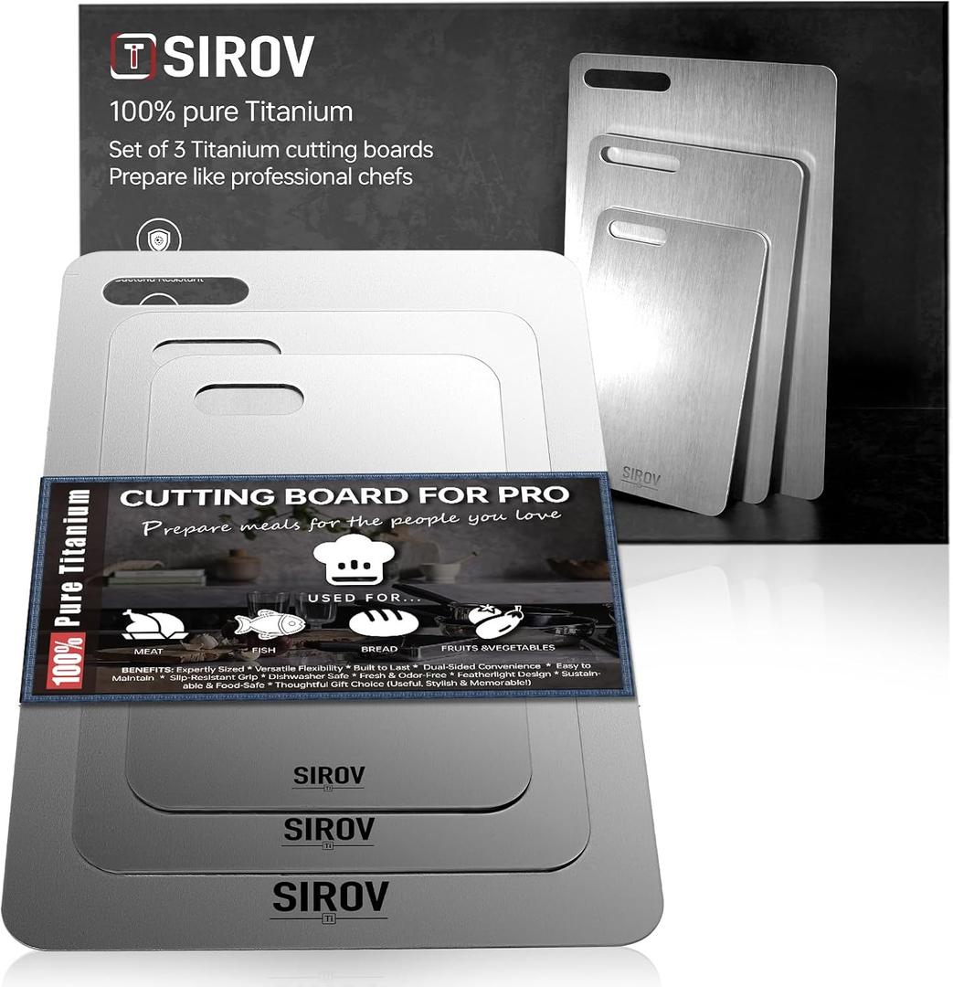 Sirov Titanium Cutting Board, 100% Pure Titanium Cutting Boards For Kitchen, Best Non Toxic chopping board, Dishwasher safe, Hygiene and Durability for Meat, Fruit, and Vegetables (Set of 3)