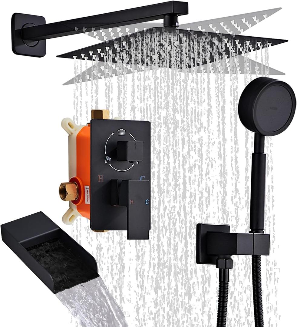 Matte Black Shower System With Tub Spout Faucet Set, Wall Mounted 10 Inch Shower Heads with Handheld Spray Combo and Tub Shower Faucet, Luxury Bathroom Square Rain Shower System - 4 Hooks Matte Black Shower System With Tub Spout Faucet Set, Wall Mounted 10 Inch Shower Heads with Handheld Spray Combo and Tub Shower Faucet, Luxury Bathroom Square Rain Shower System - 4 Hooks