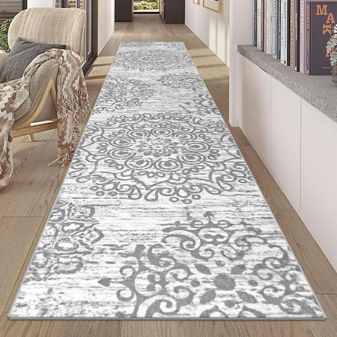 HEBE Hallway Runner Rug 2'x10' Washable Vintage Distressed Area Rugs Non Slip Laundry Rug Runner Boho Floor Carpet Runners for Hallways Entryway Laundry Room Kitchen Bathroom (Grey)