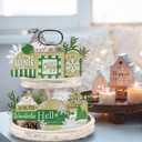 11 Pcs Hello Winter Green Tiered Tray Decor, Snowman Hat Cutting Board Farmhouse Wood Decorations Set, Snowflake Christmas Tree Rustic Wooden Decorative Signs for Home Table Shelf