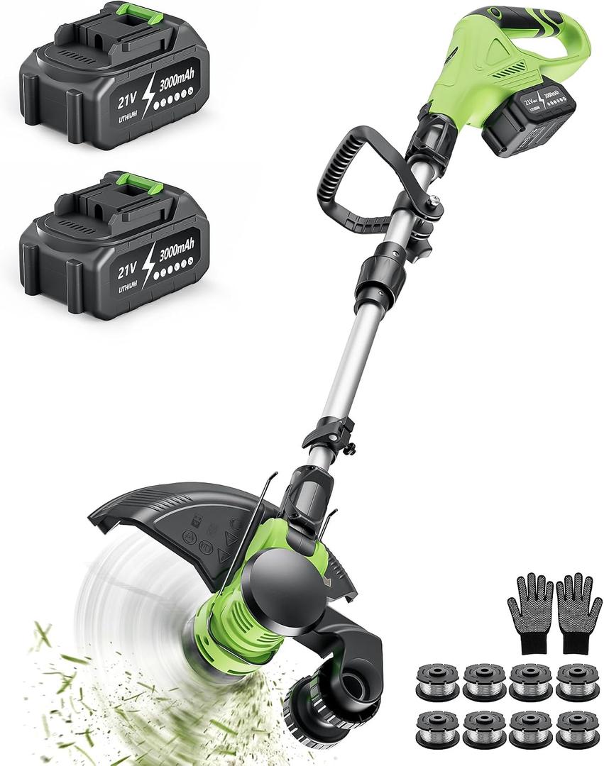 DEGGE Cordless Electric Weed Wacker, 2X 3.0Ah/ 21V/ 12" Battery Powered Weed Eater, 2 in 1 String Trimmer & Lawn Edger with Auto Feed, 650W Motor, 8 Spools for Yard Garden Sideway (Charger Included)