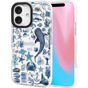 ChiCsFleur for iPhone 16 Case, TPU Phone case with Camera Protection for Women Girls Teens - Blue Whale Shark Stingray Coral Starfish Crab Beautiful Mess Ocean Collage Sorority Aesthetic Unique