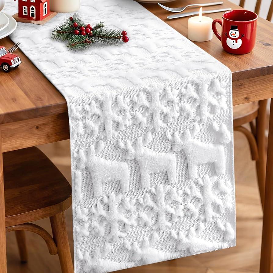 OTOSTAR Christmas Tree and Elk Soft Plush Faux Fur Jacquard Xmas Table Runner, Seasonal Holiday Dining Table Decoration for Home Party Decor 13x108 Inch (Pure White)