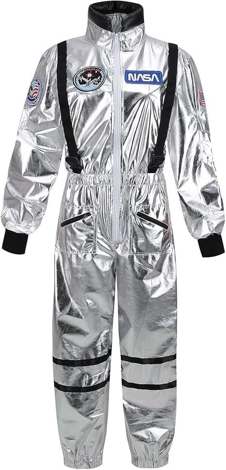 GRAJTCIN Men's Astronaut Costume Adult Silver Spaceman Suit Pilot Jumpsuit Halloween Cosplay Outfit (L)