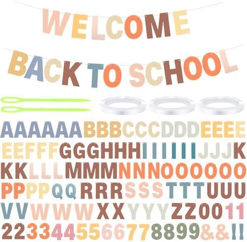 Kosiz 116 Pcs DIY Letter Custom Banner Boho Classroom Banner Kit Customizable Back to School Garland Including 111 Letters Numbers 3 Rope 2 Threading Device for Home School Classroom Decor