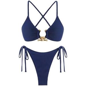 ZAFUL Women's Sexy Cutout Bikini Set High Cut Textured Metal Ring Cheeky Swimsuit Two Piece Bathing Suit M