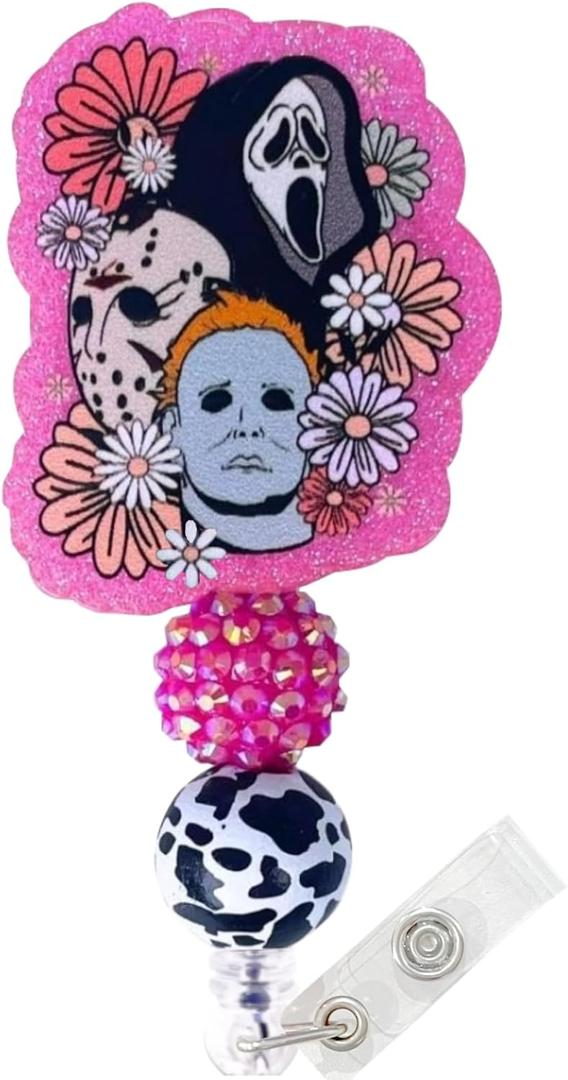 4 x Hope&Luck Halloween Badge Reel, Funny Fall Retractable Nurse Badge Holder with Alligator Clip Glitter Ghost Skull Badge Reels for Nurses Nursing Students Teacher Doctor Name Tag ID Card Decor