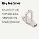 Amazon Basics 256GB USB Flash Drive, Thumb Drive Memory Stick with USB C and USB A Dual Ports, Champagne Silver