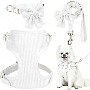 Small Dog Collar Harness and Leash Set with Bowtie, Adjustable Dog Harness Collar and Leash Set with Secure Metal Buckle, Breathable Cotton Adjustable Pet Puppy Harness, Easy Walk Harness, S(14-18.9")