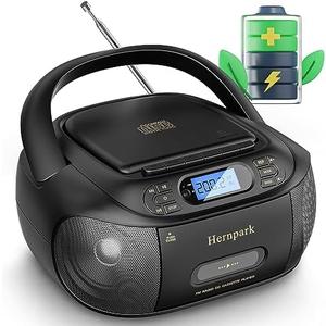 CD Cassette Player Combo, Hernpark Rechargeable Boombox with Bluetooth 5.1, Tape Recording, FM Radio, Super Bass, Stereo Sound, Aux/USB Drive, Headphones Jack, Boom Box for Indoor Outdoor