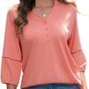 3/4 Length Sleeve Womens Tops Dressy Casual Blouses for Women 2025 Henley V Neck Shirts Loose Fit Tunic Tops (Pink, L)