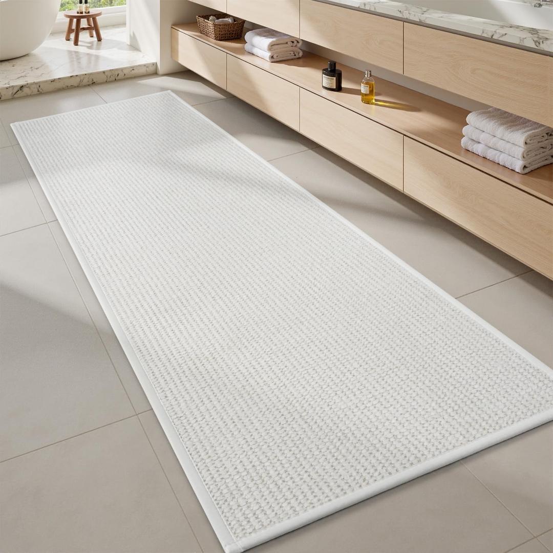MontVoo Bathroom Runner Rugs,Chenille Absorbent Bath Mat Runner Quick Dry Rubber Backed Bath Runners Non Slip Washable Long Bathroom Rugs,Ultra Thin Bath Rugs Fit Under Door,17"x59",White