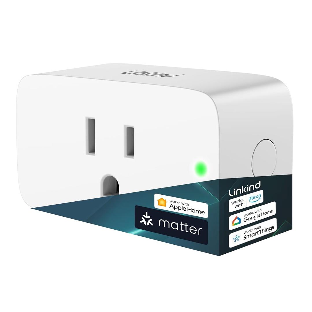 Linkind Matter Smart Plug, Work with Apple Home, Siri, Alexa, Google Home, SmartThings, Smart Outlet 15A/1800W Max, Smart Home Automation, APP Remote Control,Timer&Schedule, 2.4G Wi-Fi Only, 1 Pack (1 Pack)