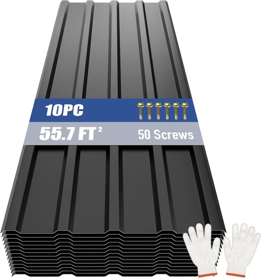 Brakki Metal Roofing Panels 10pcs 55.7 ft, Corrugated Roof Panels, Black | L45.28"xW17.72", Galvanized Steel, with Screw, Heavy Duty Metal Siding, Suitable for Garages Chicken Coop Shed Stables Patio