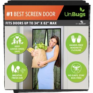 UnBugs Magnetic Screen Door - Fits Doors up to 34 x 82 Inches Max (Item Size 36 x 83) - Pet & Kid Friendly Self-Closing - Hands Free Magnet Closure - Bugs Out & Breeze In