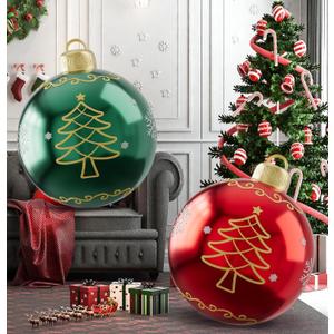 2PCS 24 Inch Inflatable Christmas Ornaments Balls, PVC Giant Blow up Christmas Ornaments, Blow up Jumbo Xmas Balls Outdoor Jumbo Ornament for Outside Holiday Yard Lawn Decor(Red Green Tree)