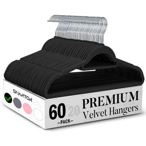 Smartor Black Velvet Hangers 60 Pack, Space Saving Clothes Hangers with Tie Bar, Non-Slip Felt Hanger with Shoulder Notches, Heavy Duty Suit Hanger for Coat, Shirt, Pants, Dress