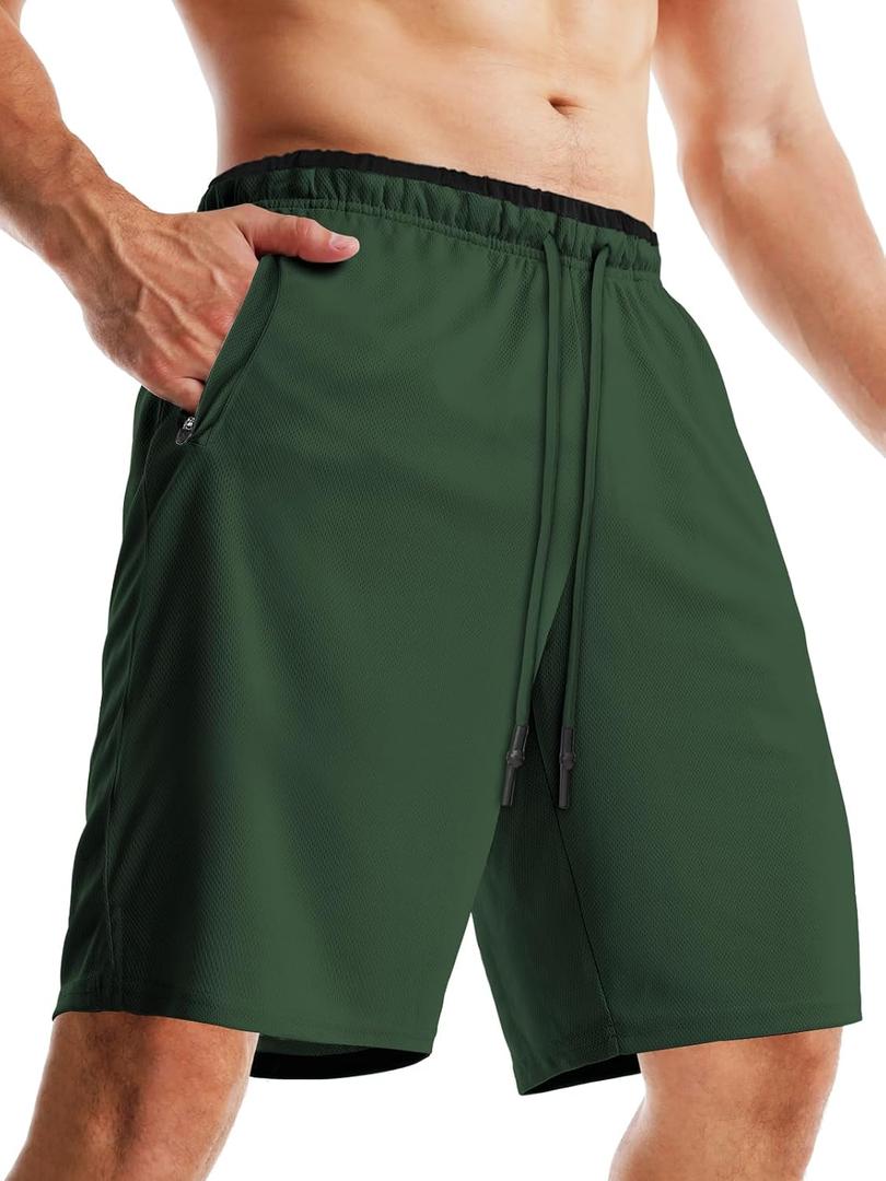 Aolesy Men's Gym Workout Shorts 5"/7"/10" Lightweight Bodybuilding Athletic Shorts Running Training with Zip Pockets (Green, M)