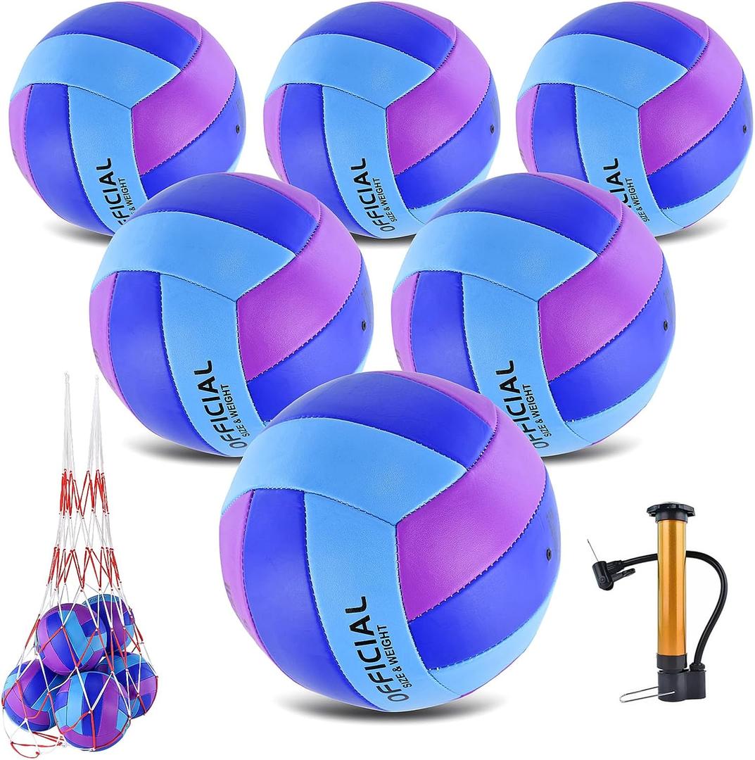 6 Pack Volleyballs Official Size 5, Waterproof Soft Bulk Recreational Volley Balls with Pump and Net Bag for Indoor Outdoor Beach Pool Water Sand Game Training Match for Beginner Teenager (Purple Blue)