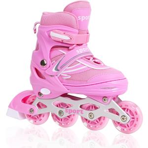 Kids Inline Skates for Girls Boys, Youth and Adult, Adjustable Blades Roller Quad Skates for Men and Women with Full Wheels Illuminating, Outdoor Skates (Small Size, Pink)