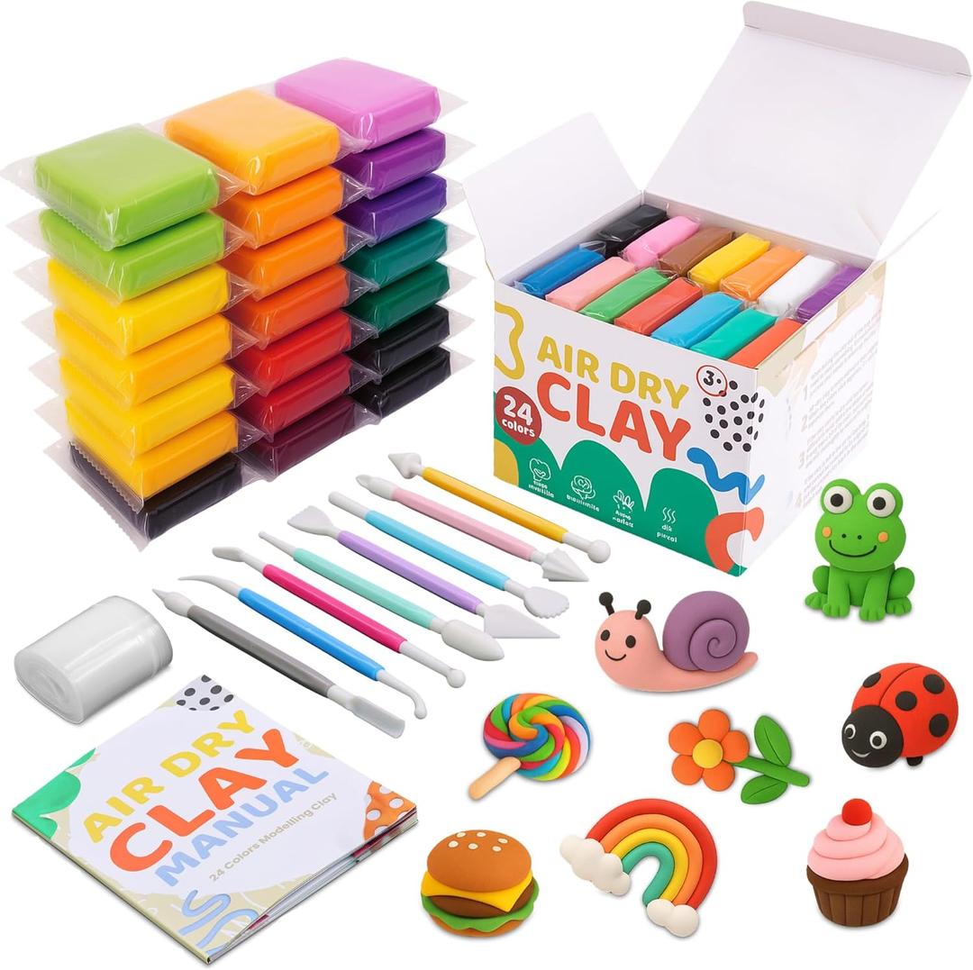 Air Dry Clay Kit  24 Colors Soft Lightweight Air Clay for Kids & Adults, DIY Molding Clay with 8 Sculpting Tools & 60 Page Tutorial Booklet  Non Toxic Airdry Clay, Modeling Clay Air Dry for Crafts