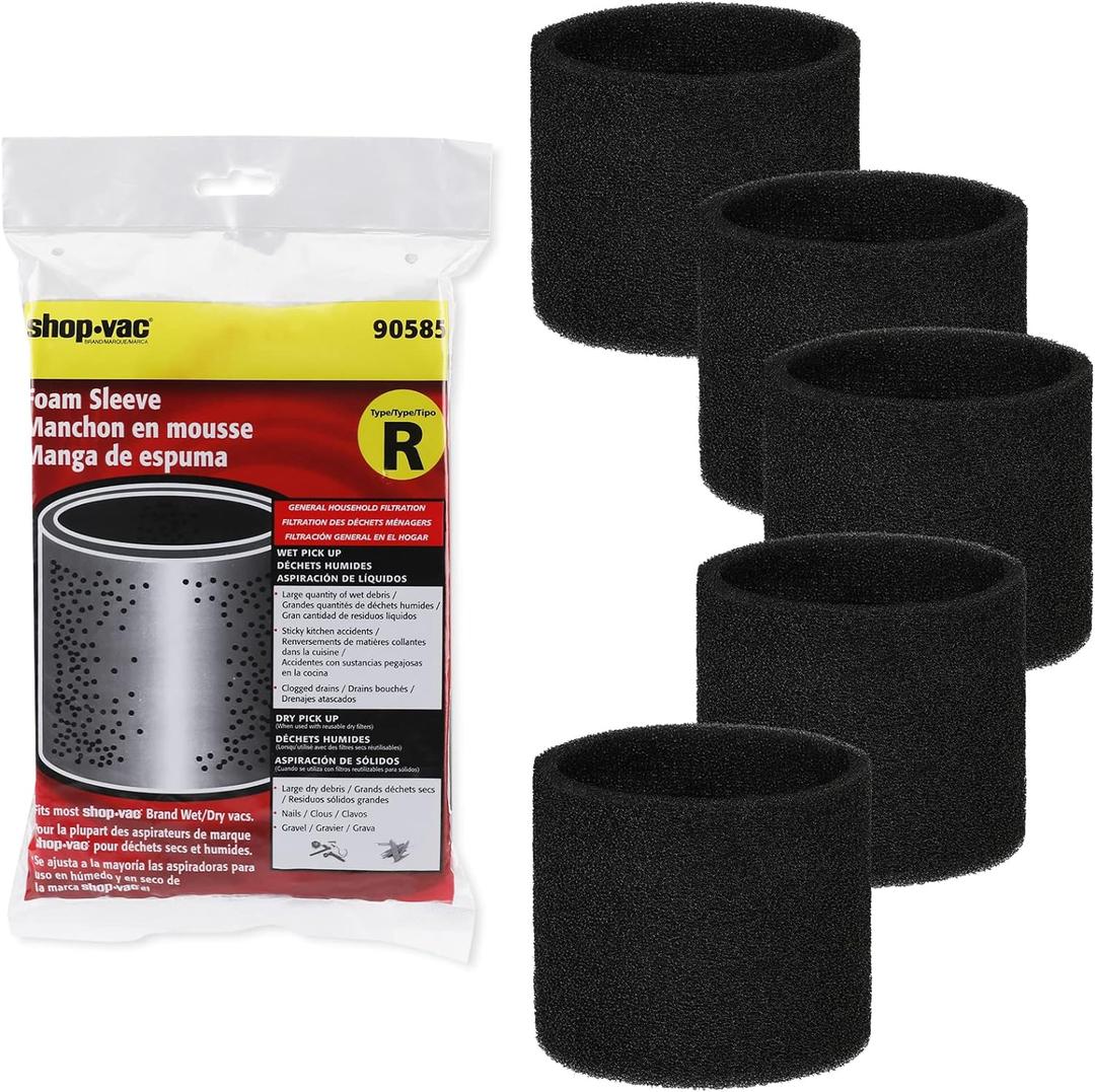 Shop-Vac 90585 Foam Sleeve Filter Replacements for Most Shop-Vac Wet/Dry Vacuum Cleaners 5 Gallon and Above, Replace Parts # 9058500, 5 Pack