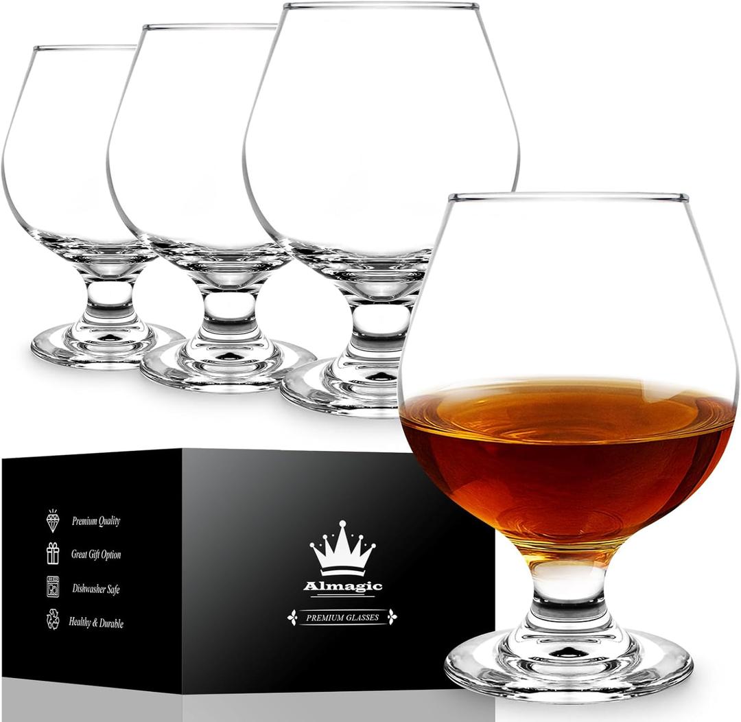 Brandy Snifter Glasses Set of 4-11 oz / 330 ml Cognac Glasses Set, Pure Clear Short Stem Wine Glass Set for Brandy & Whiskey, Dishwasher Safe, Gifts for Men