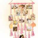 Hanging Photo Display Wall Decor, Pink Macrame Wall Hanging Boho Room Bedroom Decor, Picture Frame Collage with Remote Light & 30 Clips, Christmas Teenage Teen Girl Gifts Ages 10 11 12 13 14 Years Old