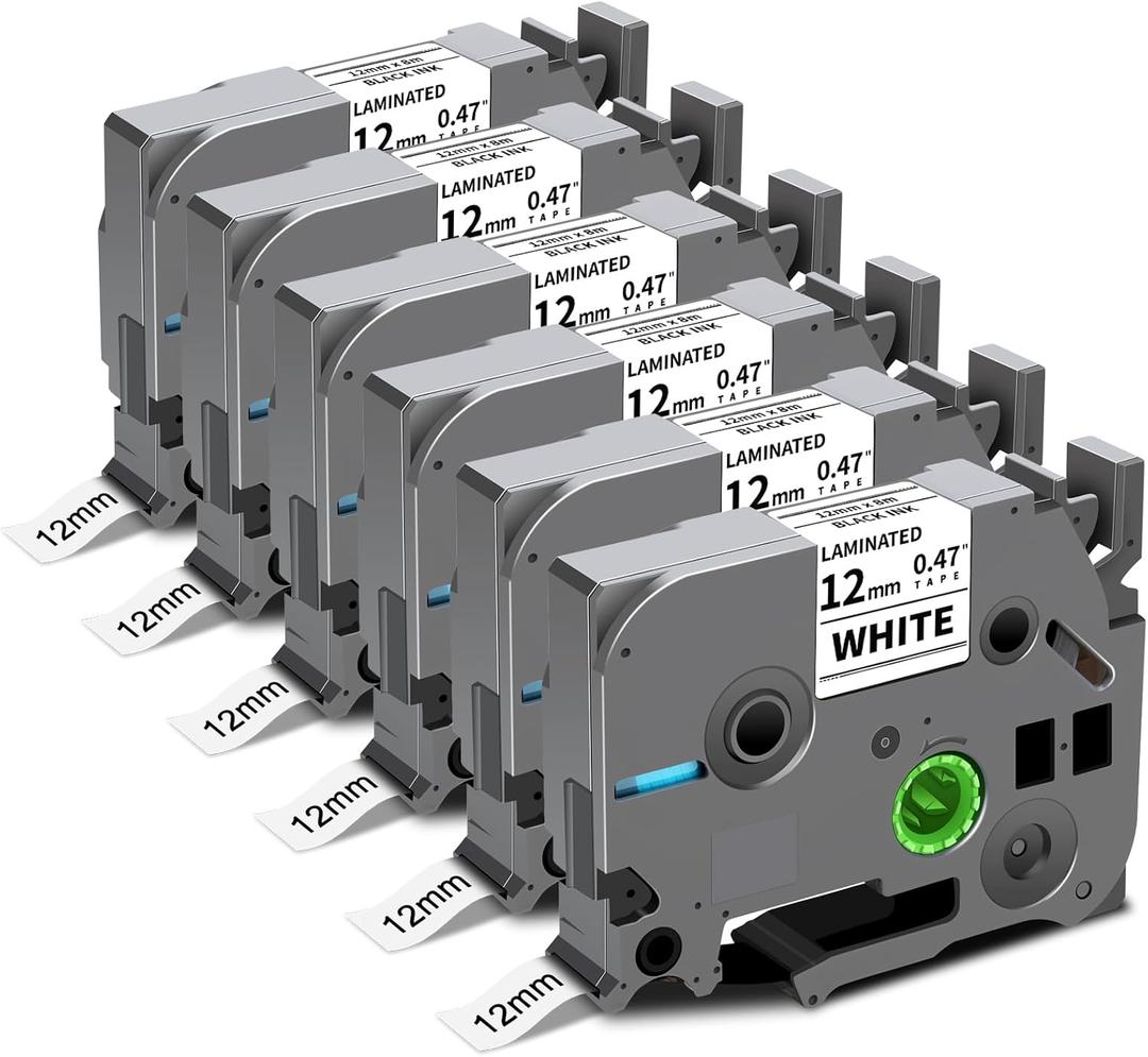 6-Pack TZe-231 TZ Tape 12mm 0.47" Laminated White P Touch Label Compatible for Brother P Touch Label Maker Tape for PTouch Label Maker PTD210 H110 D220 D600 D400 D410 2040, Black on White