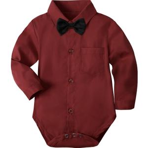 A&J DESIGN Wine Red Baby Boy Dress Shirt Infant Formal Christmas Wedding Romper Gentleman Long Sleeve One Piece Bodysuit with Bowtie 3-6 Months Burgundy