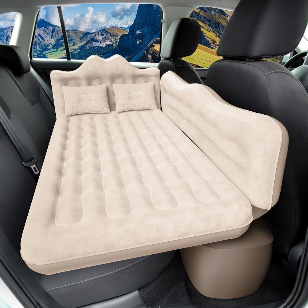 Car Air Mattress, Inflatable SUV Truck Air Mattress Back Seat Camping Bed Thickened Car Sleeping Pad for Travel, Car Bed SUV Mattress with Air Pump 2 Pillows (Light Beige)