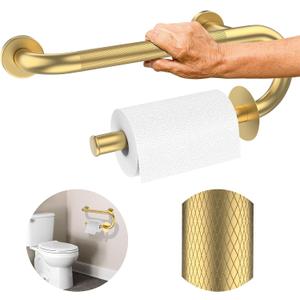 Toilet Grab Bars 16 Inch - Toilet Paper Holder Grab Bar Stainless Steel Knurled Toilet Grab Bars for Seniors Bathtub Bathroom Rails for Elderly Bath Safety Balance Support, Gold