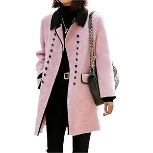 Women's Pink Mid Long Peacoat 2025 Fall Winter Double Breasted Lapel Neck Peacoat Jacket Outwear with Pocket, Large