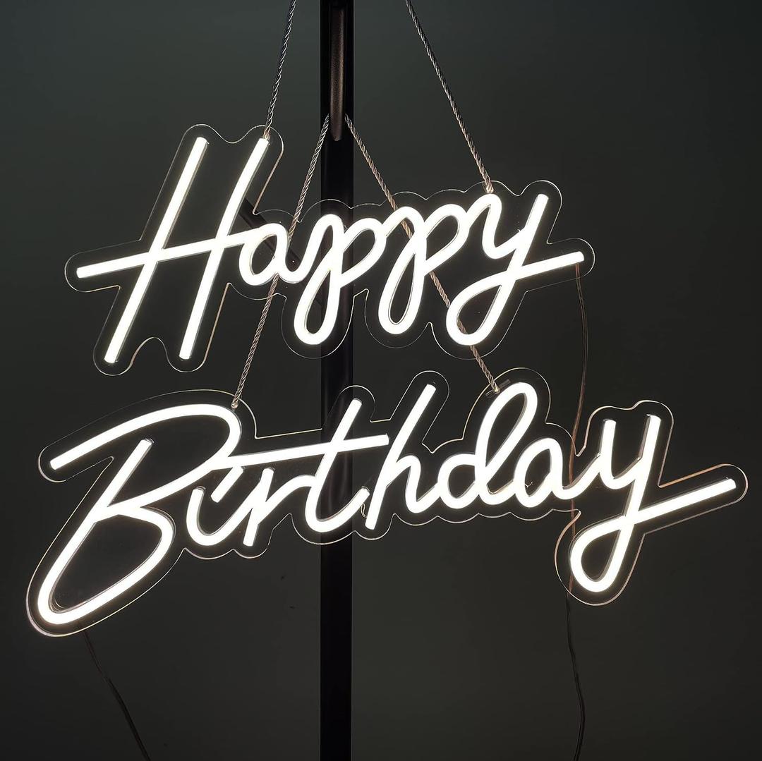 37x8 inch Happy Birthday Neon Sign Art Wall Lights for Beer Bar Club Bedroom Hotel Pub Cafe Wedding Birthday Party Gifts_White, 37 Inches By 8 Inches
