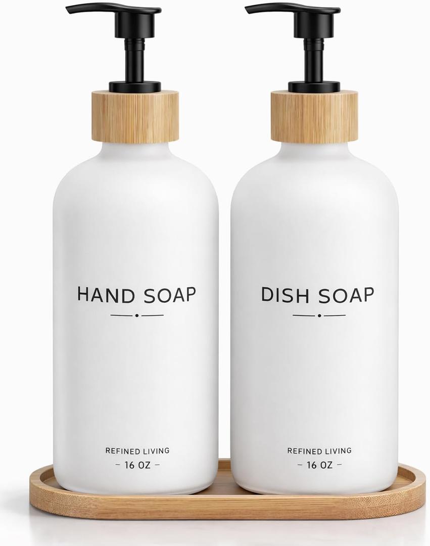 Hand and Dish Soap Dispenser Set,16oz Glass Bottles with Printed Labels, Bamboo Tray & Pump,Countertop Soap Dispensers for Kitchen,Luxury, Minimalist & Farmhouse Decor (Hand Dish (White))