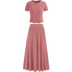 PRETTYGARDEN Women's 2 Piece Skirt Sets Summer Short Sleeve Button Up Knit Crop Top Flowy Maxi Skirts Travel Vacation Outfits (Pink, L)