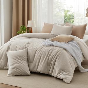 Bedsure Comforter Twin Size - Cotton Fabric with Microfiber Inner Fill, Linen Color
