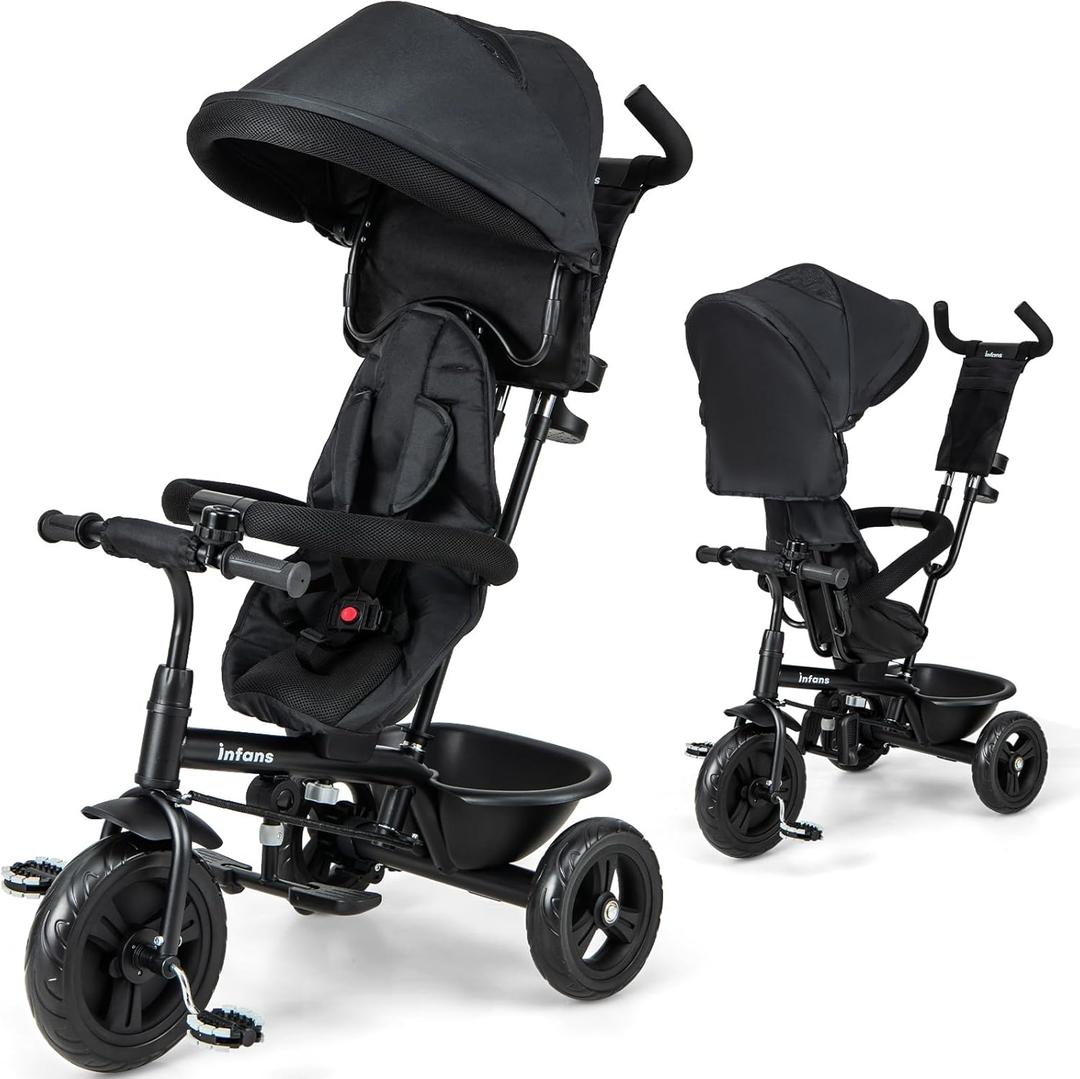 INFANS Kids Tricycle, 6 in 1 Baby Trike Toddler Bike with Reversible Seat, Adjustable Push Handle, Control Direction, Removable Canopy, Safety Harness, Belt, Storage, 9-60 Months (Black) (37 x 19.5 x 43)