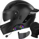 Bluetooth Motorcycle Helmet, Full Face Flip Up Modular Motorcycle Helmet with Bluetooth intercom headsets, DOT Approved Dual Visor Helmets (Black, L)