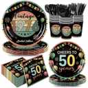 168Pcs Vintage 50th Birthday Plates Napkins Party Supplies Back in 1976 Disposable Tableware Set Paper Cups Black Forks Knives Spoons Cheers to 50 Years for Old Men Women Anniversary Serves 24