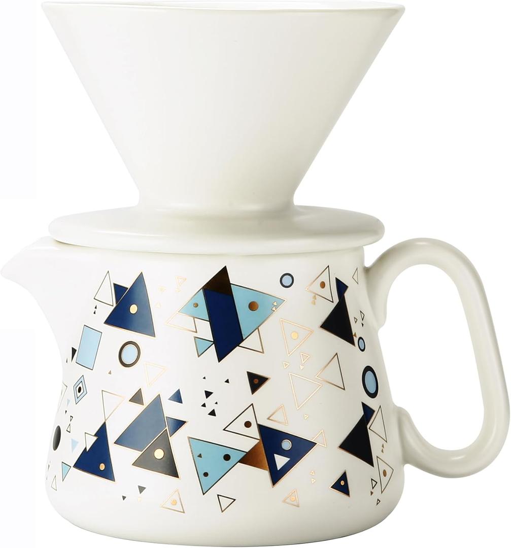 Pour Over Coffee Maker, Ceramic Coffee dripper with 100 pcs Paper Filter, Ceramic coffee Server with Lid, 15.5oz/450 ml, Suitable for 1-2 people (White A)