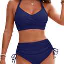 Blooming Jelly Womens High Waisted Bikini Sets Ruched Modest Swimsuits Crisscross Tie Back Swim Suit (Large, Blue)