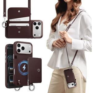 MAGEASY Pouch MagSafe Wallet Case for iPhone 17 Pro Max, Detachable Magnetic Crossbody Case with Strap Adjustable, Drop Protection Leather Purse Case, RFID Blocking Card Holder Coin Pocket (Burgundy)