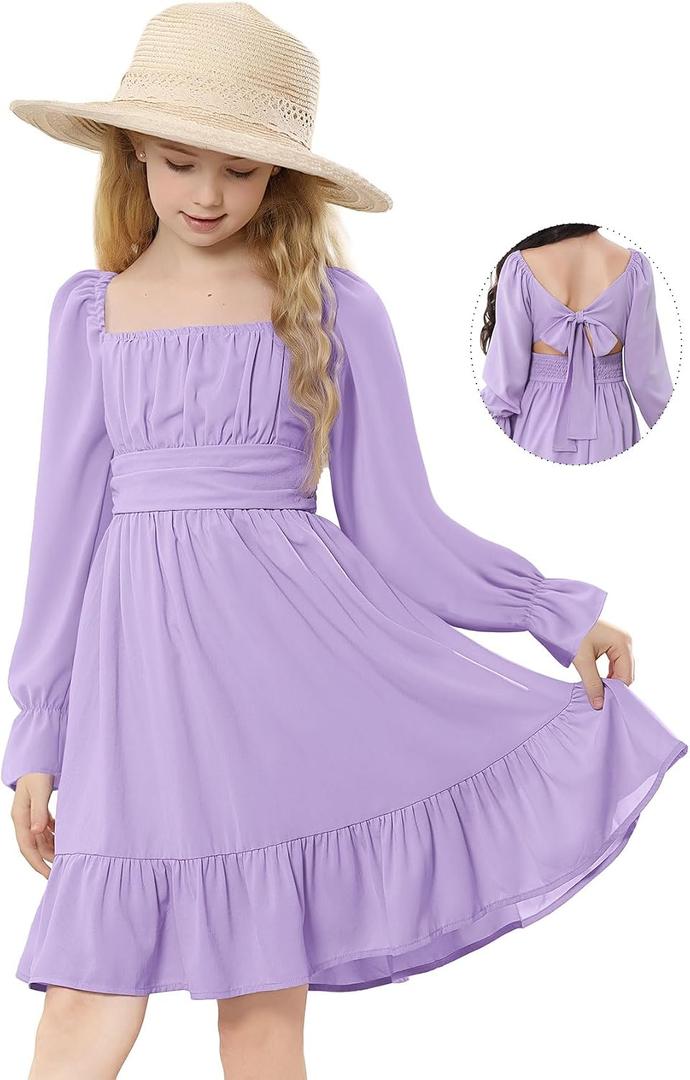 Durio Girls Dresses for Teens Girls Tie Back Off Shoulder Dress Cute Long Sleeve Dress Easter Kids School Party Dance Dresses (Purple)